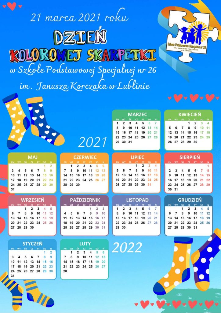 Dzień kolorowej skarpetki 2021 kalendarz